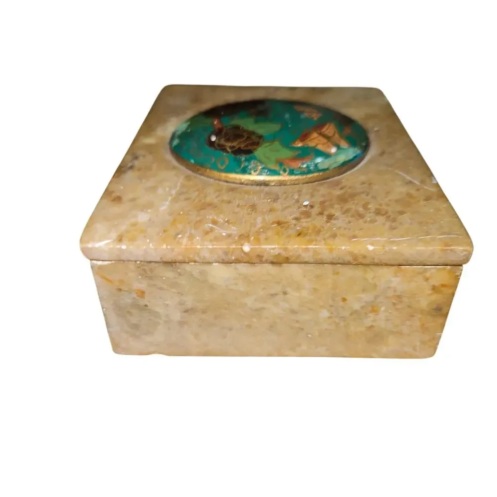 Vintage Indian Marble Trinket Box Enamel Painted Floral Inlay Stone Jewelry Box